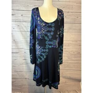 Desigual Long Sleeve Abstract Boho Dress Blue Green Beaded Embellished XL